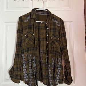 Johnny Was Olive Plaid Blouse with Embroidery